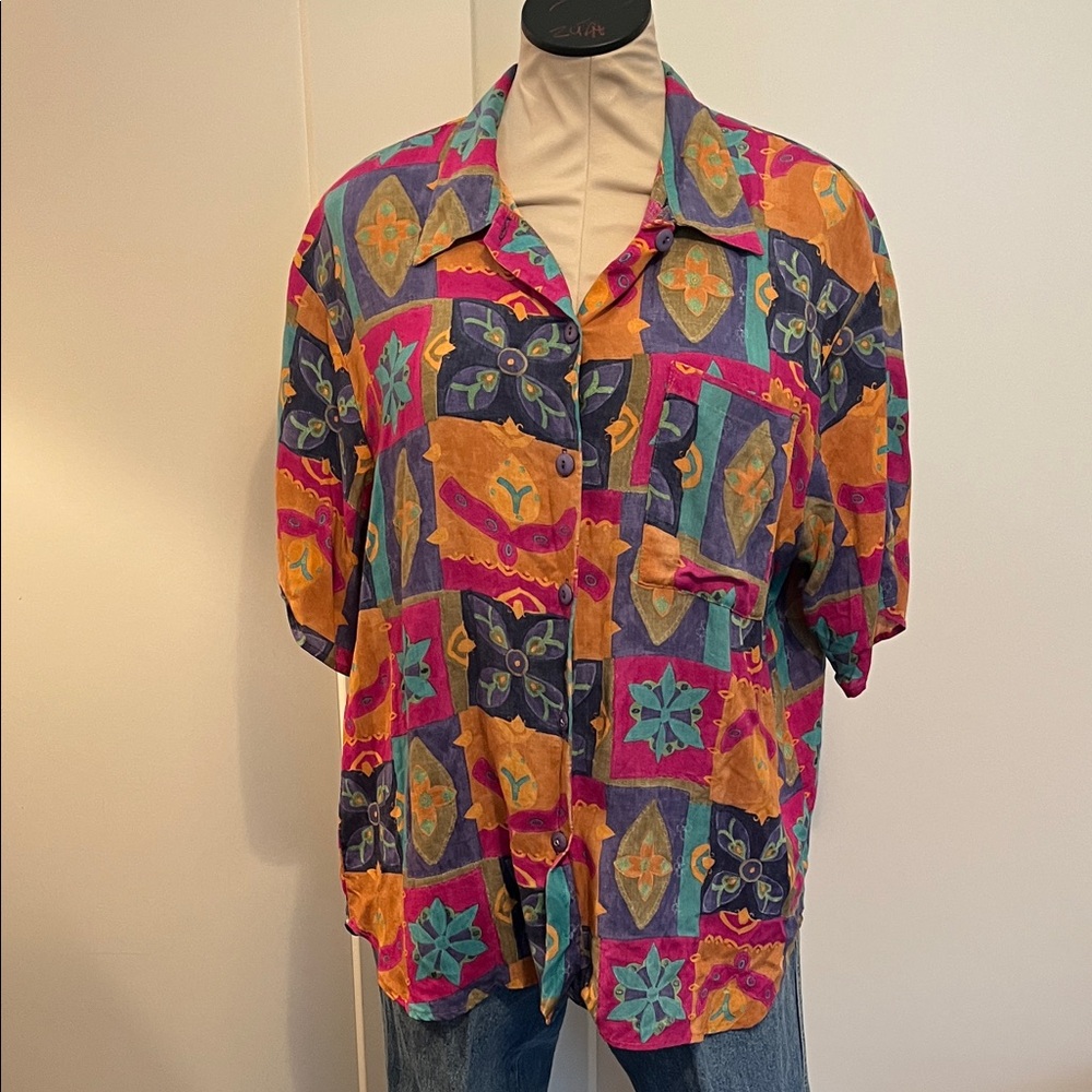 Vintage Gantos Colorblock Floral Button-Up Shirt - Teal, Magenta, Mustard